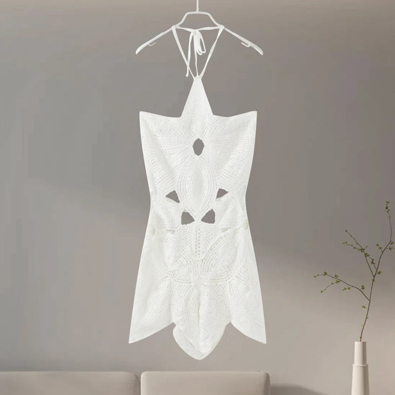 Knitted Crochet Hook Flower Halter Dress Women Slim Lace Up Off Shoulder Backless Party Dresses Female Summer Lady Beach Robes