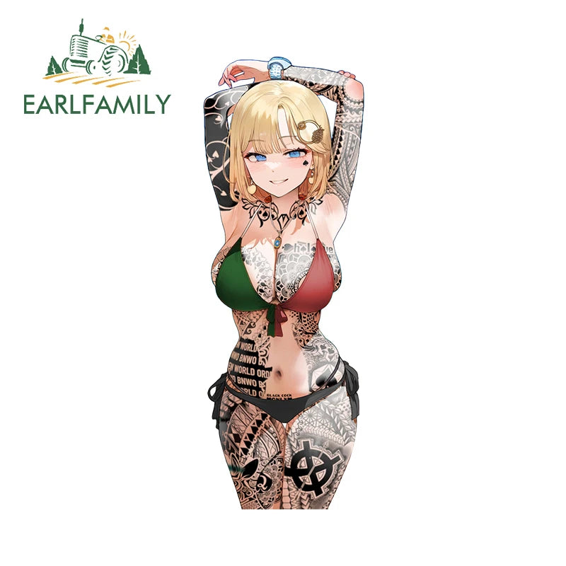 EARLFAMILY 13cm x 4.6cm Maiden Black Tattoos Waifu Stickers Hentai Swimsuit Bikini Original Car Accessories Ecchi Ahegao Decals