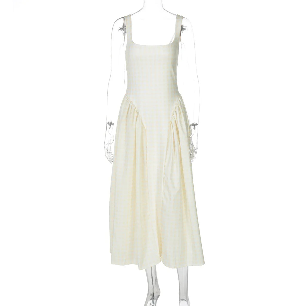 Lady Solid Sleeveless Sling Dress Backless Slim Pleated Hem Square Neck Plaid A-line Dresses Women Vacation Summer Midi Robes