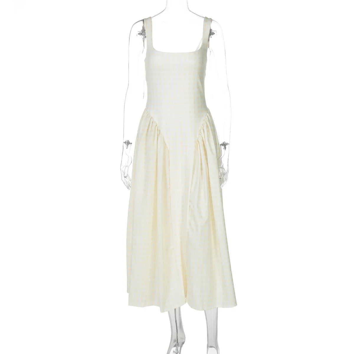 Lady Solid Sleeveless Sling Dress Backless Slim Pleated Hem Square Neck Plaid A-line Dresses Women Vacation Summer Midi Robes