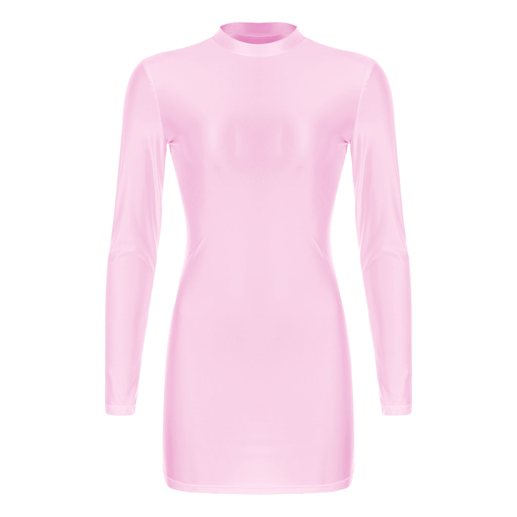 Women Glossy Bodycon Dress Long Sleeve Oil Shiny Smooth Mini Pencil Dress Stretchy Mock Neck Tight  Party Dresses Dance Clubwear