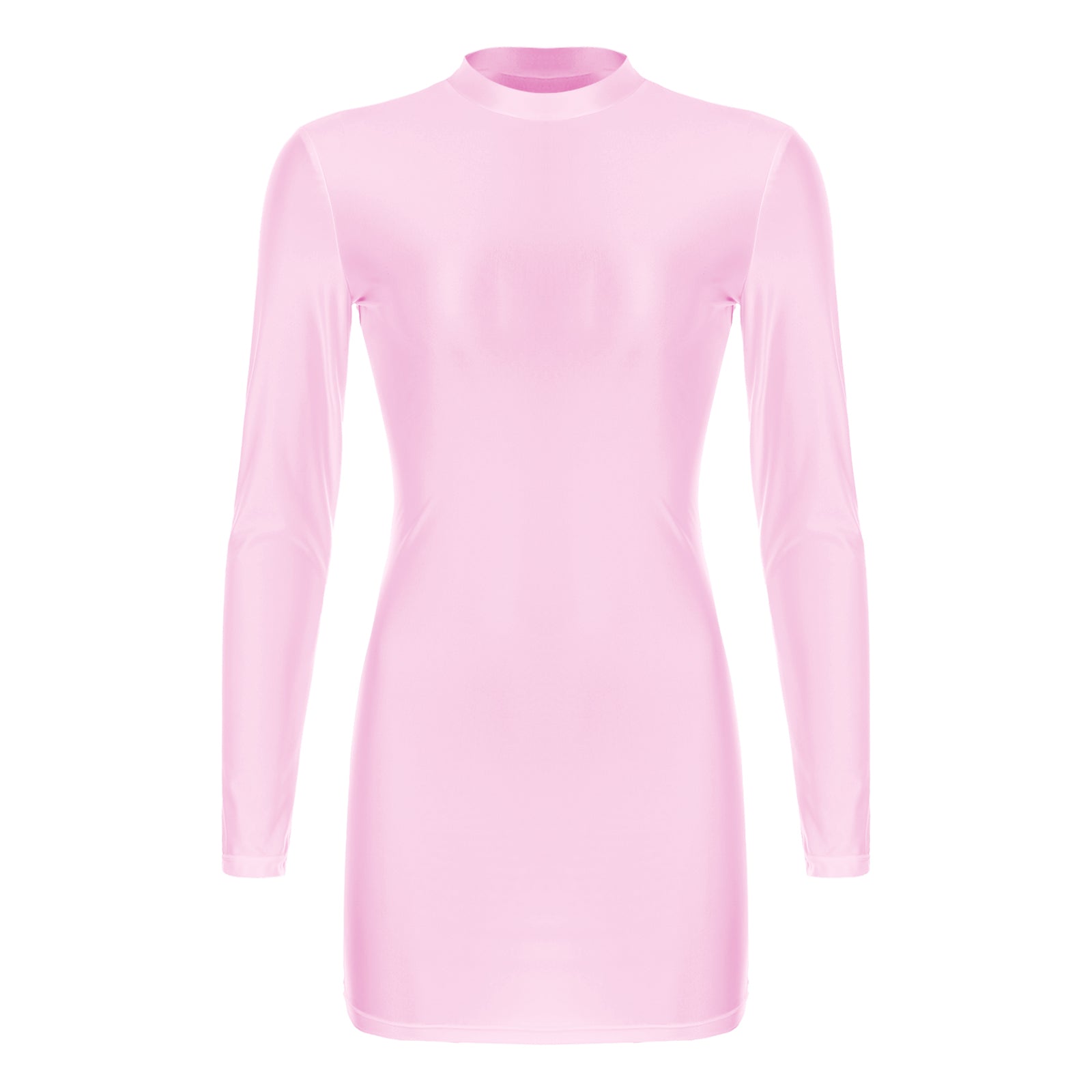 Women Glossy Bodycon Dress Long Sleeve Oil Shiny Smooth Mini Pencil Dress Stretchy Mock Neck Tight  Party Dresses Dance Clubwear