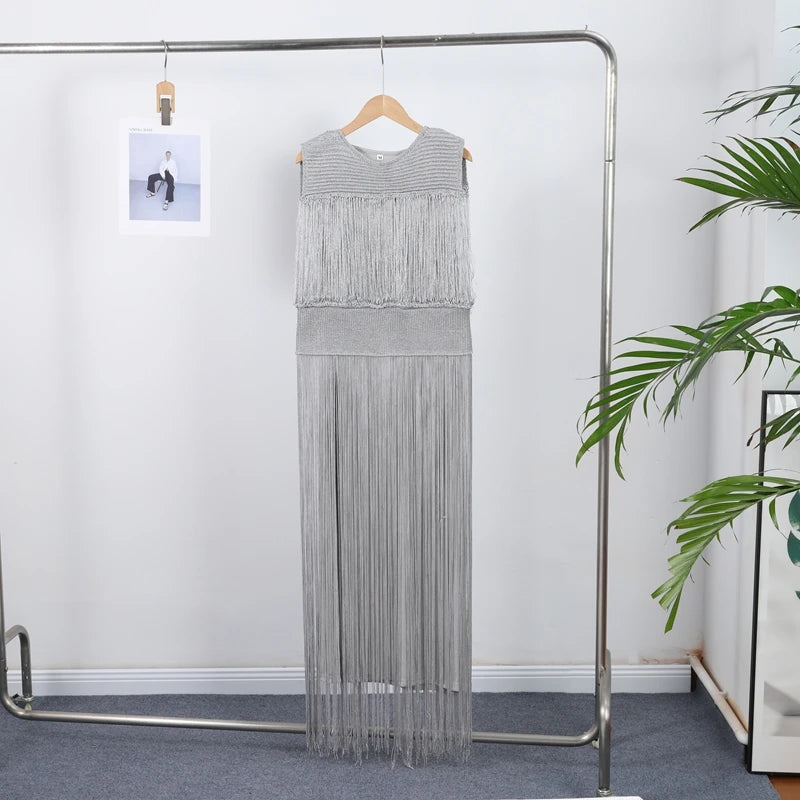 Fringed Sequin Long Dress Tassel Glitter Sleeveless Party Gown Waisted Cinched Elegant O-neck Fringed Dresses Women 2 Piece Set