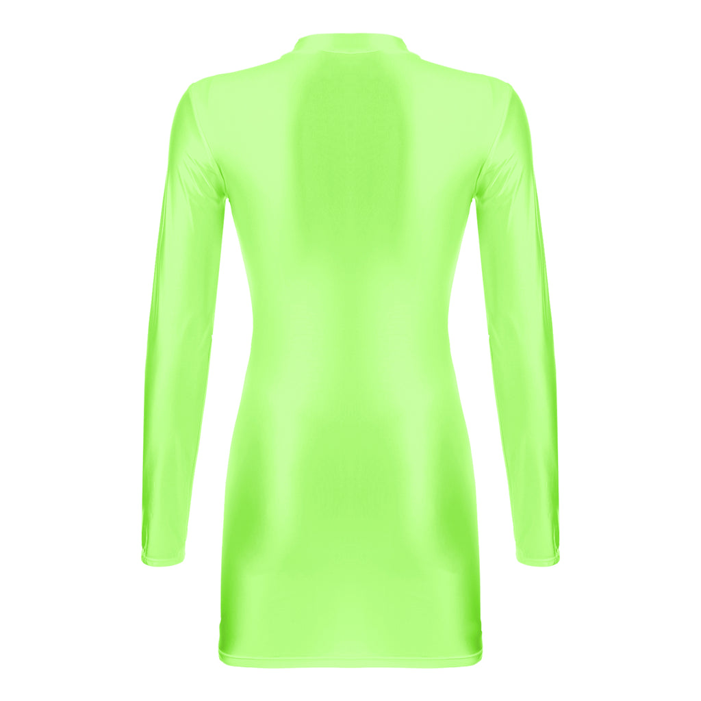 Women Glossy Bodycon Dress Long Sleeve Oil Shiny Smooth Mini Pencil Dress Stretchy Mock Neck Tight  Party Dresses Dance Clubwear