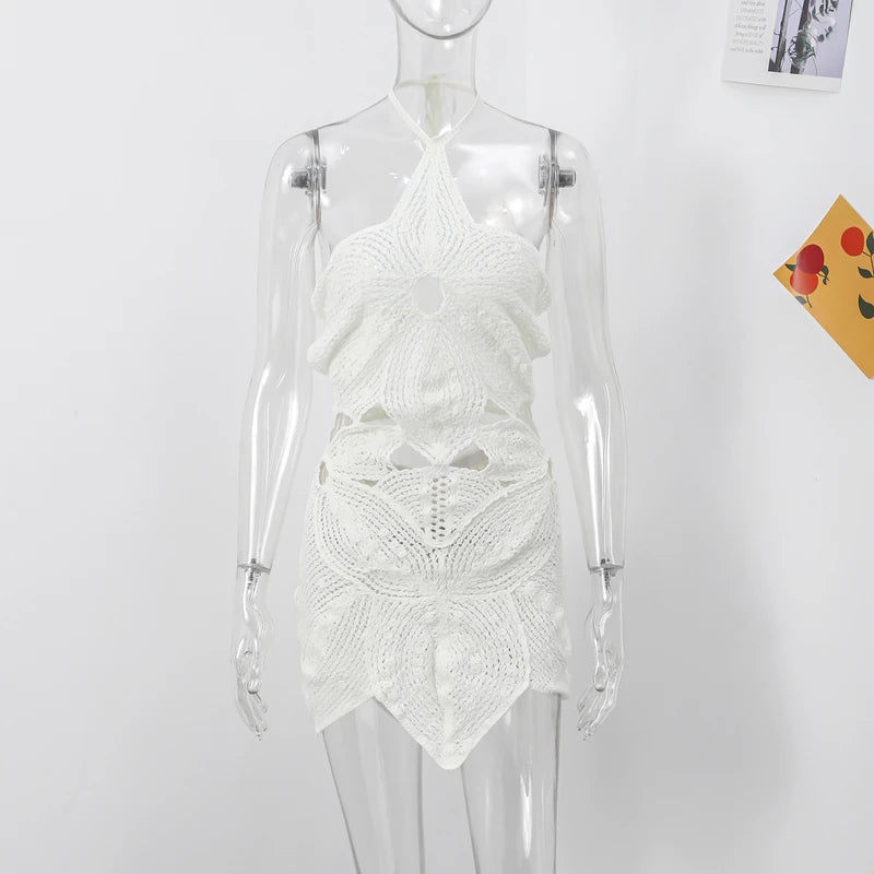 Knitted Crochet Hook Flower Halter Dress Women Slim Lace Up Off Shoulder Backless Party Dresses Female Summer Lady Beach Robes