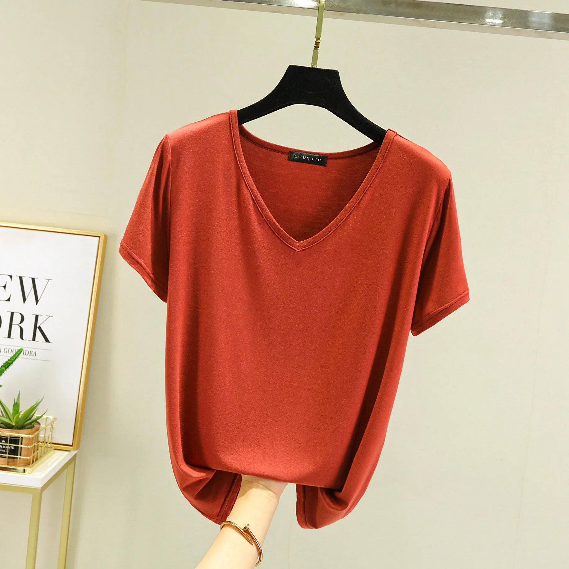 Summer women Modal V-Neck Tshirt Thin Bottoming T-shirts Plus size Loose tee tops Streetwear Basic Top