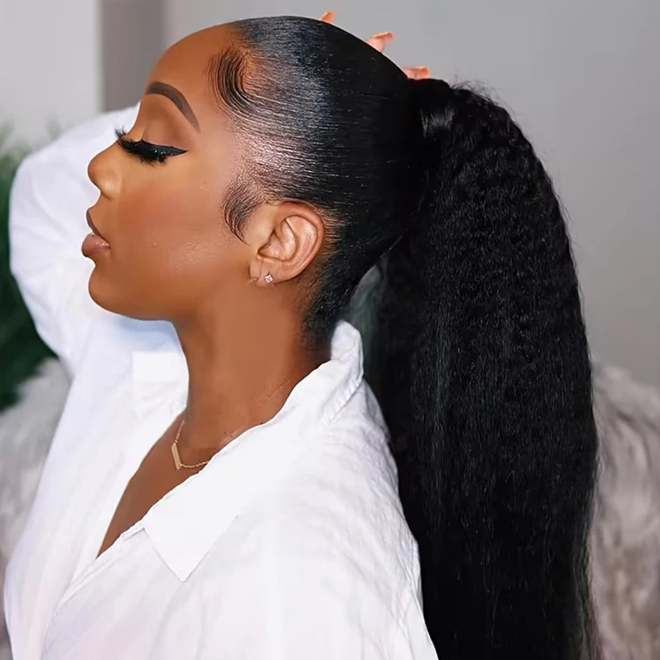 Human Hair Kinky Straight Ponytails Drawstring Extension 12-24 Inch Yaki Straight Hair Clip in Pony Tail for Black Women