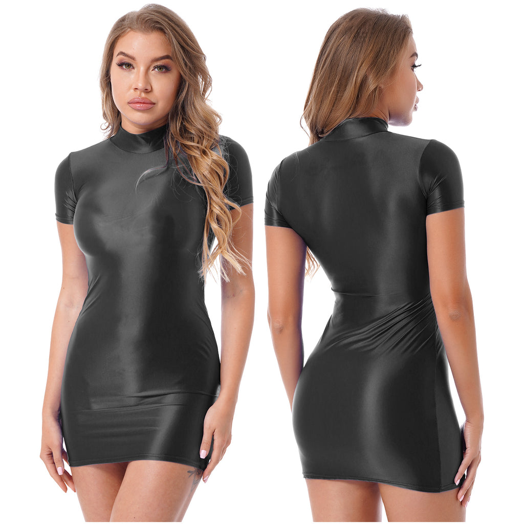 Women Glossy Bodycon Dress Long Sleeve Oil Shiny Smooth Mini Pencil Dress Stretchy Mock Neck Tight  Party Dresses Dance Clubwear