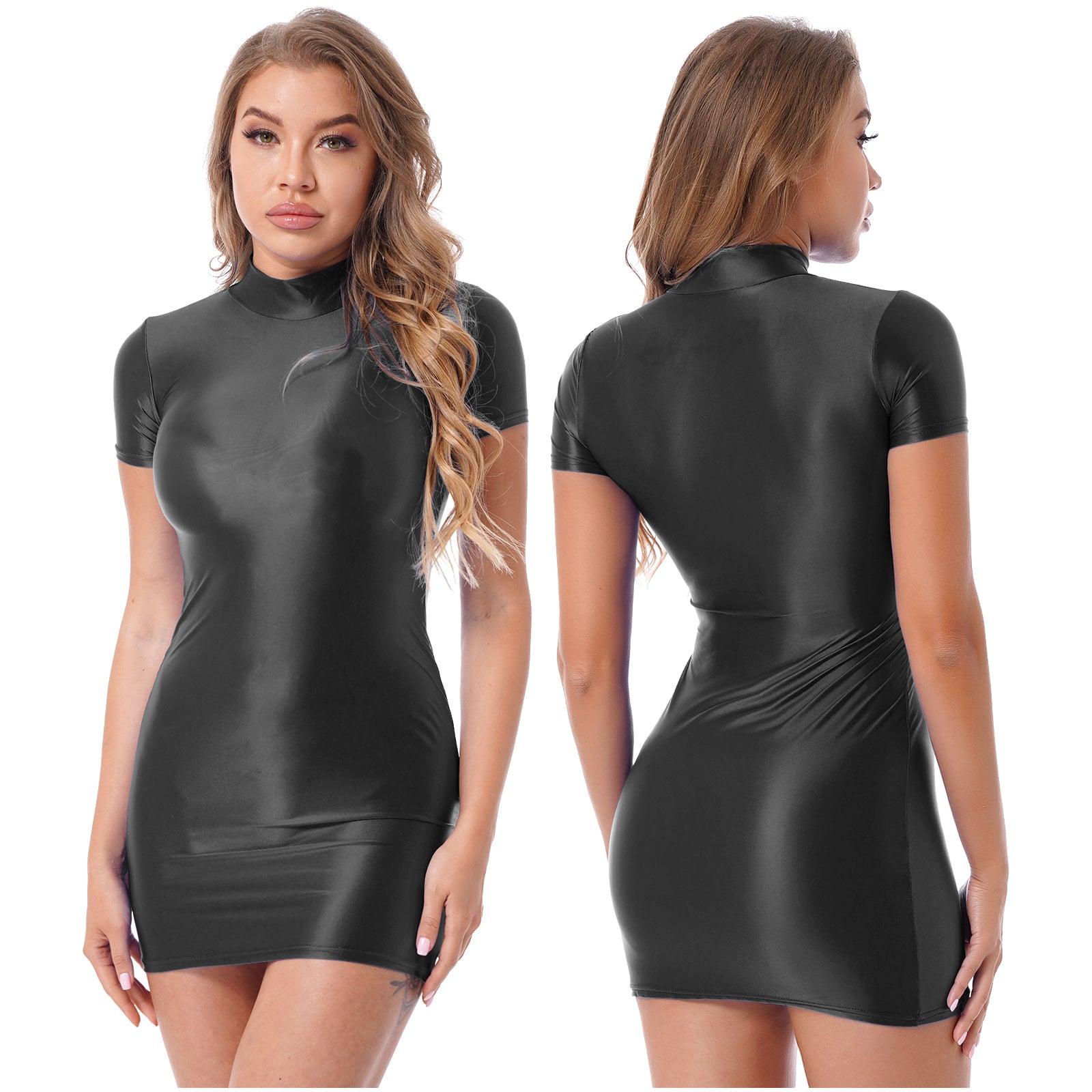 Women Glossy Bodycon Dress Long Sleeve Oil Shiny Smooth Mini Pencil Dress Stretchy Mock Neck Tight  Party Dresses Dance Clubwear