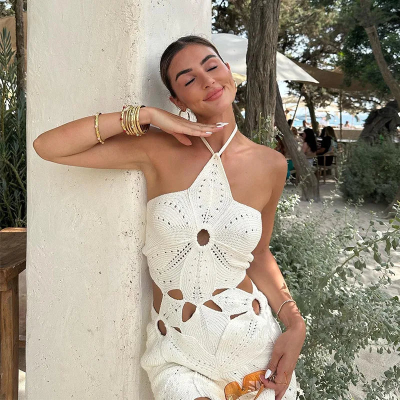 Knitted Crochet Hook Flower Halter Dress Women Slim Lace Up Off Shoulder Backless Party Dresses Female Summer Lady Beach Robes