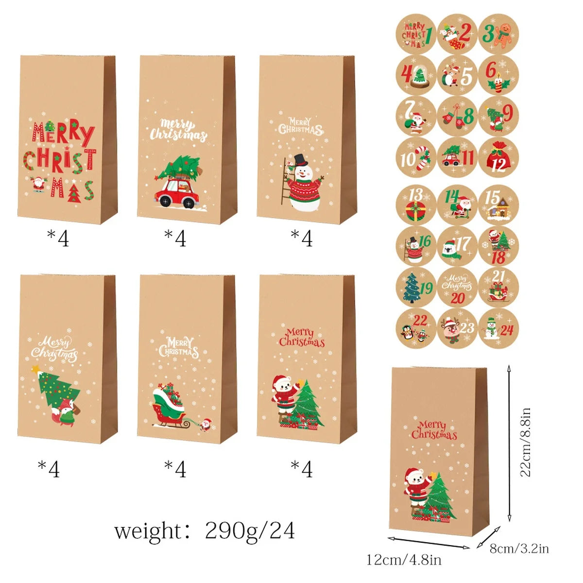12/24pcs Retro Christmas Kraft Paper Bags Xmas Party Favor Bag Gift Pouch Holiday Present Wrapping Supplies Christmas Gift