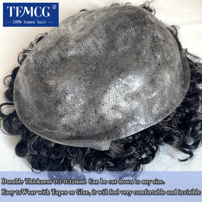 15MM Curly Male Hair Prosthesis Toupee Men Wig Indian Human Hair Comfortable Skin Base Wigs For Men System Replacement Man Wig
