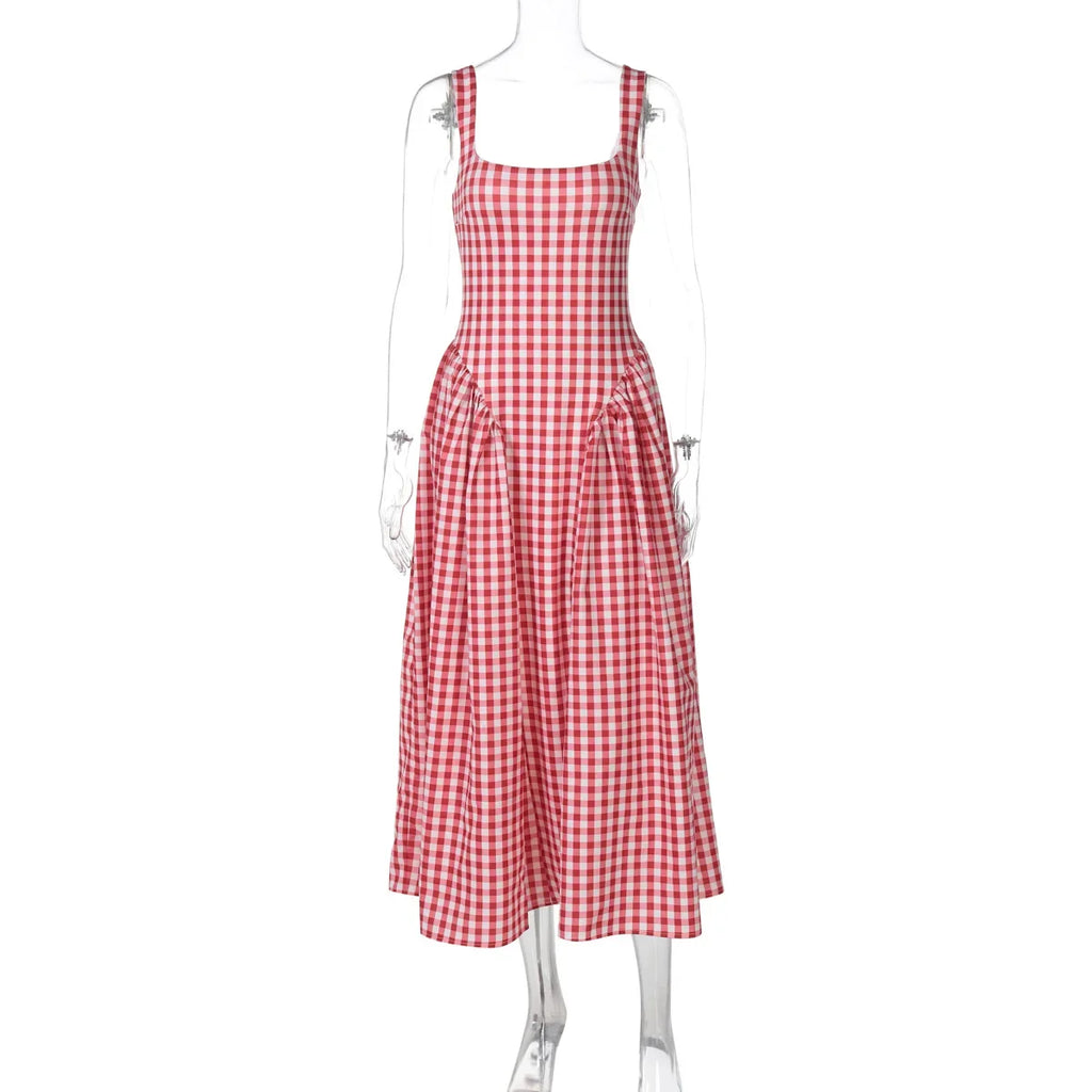 Lady Solid Sleeveless Sling Dress Backless Slim Pleated Hem Square Neck Plaid A-line Dresses Women Vacation Summer Midi Robes