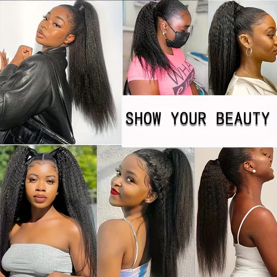 Human Hair Kinky Straight Ponytails Drawstring Extension 12-24 Inch Yaki Straight Hair Clip in Pony Tail for Black Women