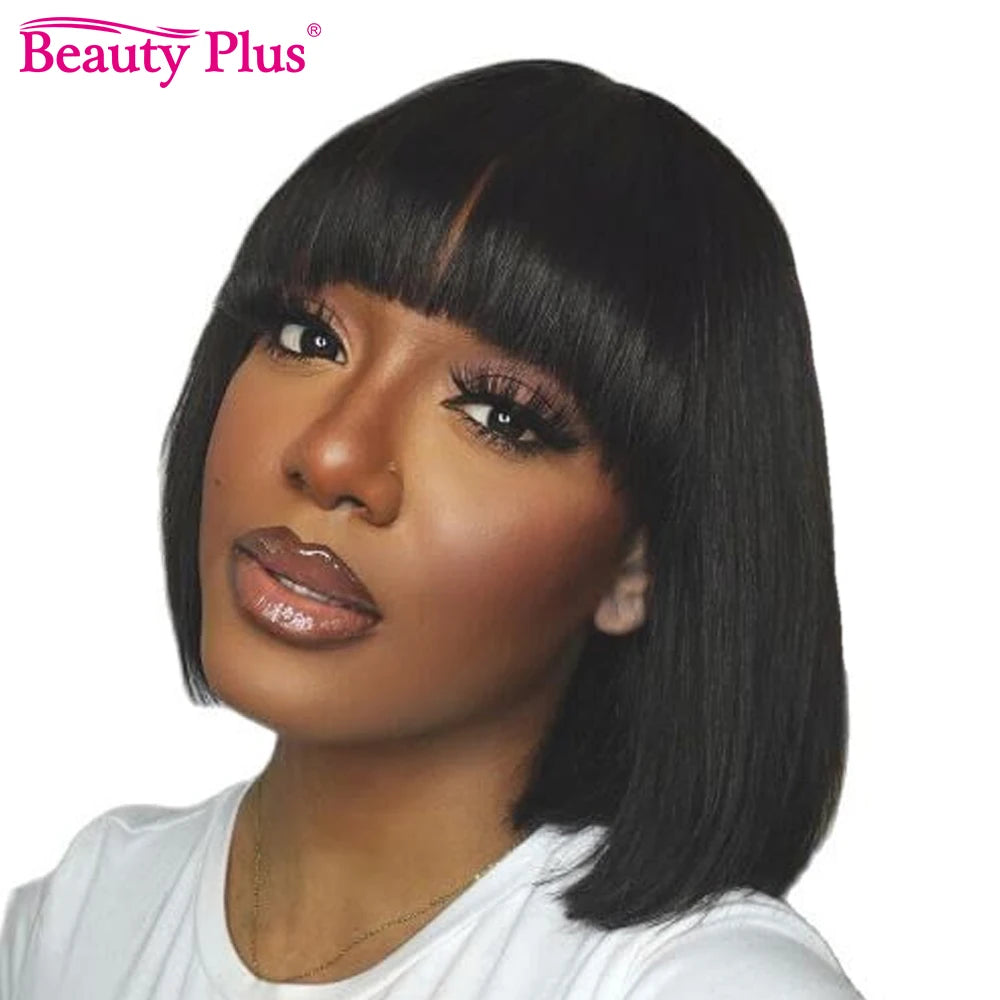 Bob Wig With Bangs Straight Human Hair Glueless Fringe Wig For Black Women Natural Black Brazilian Full Machine Made
