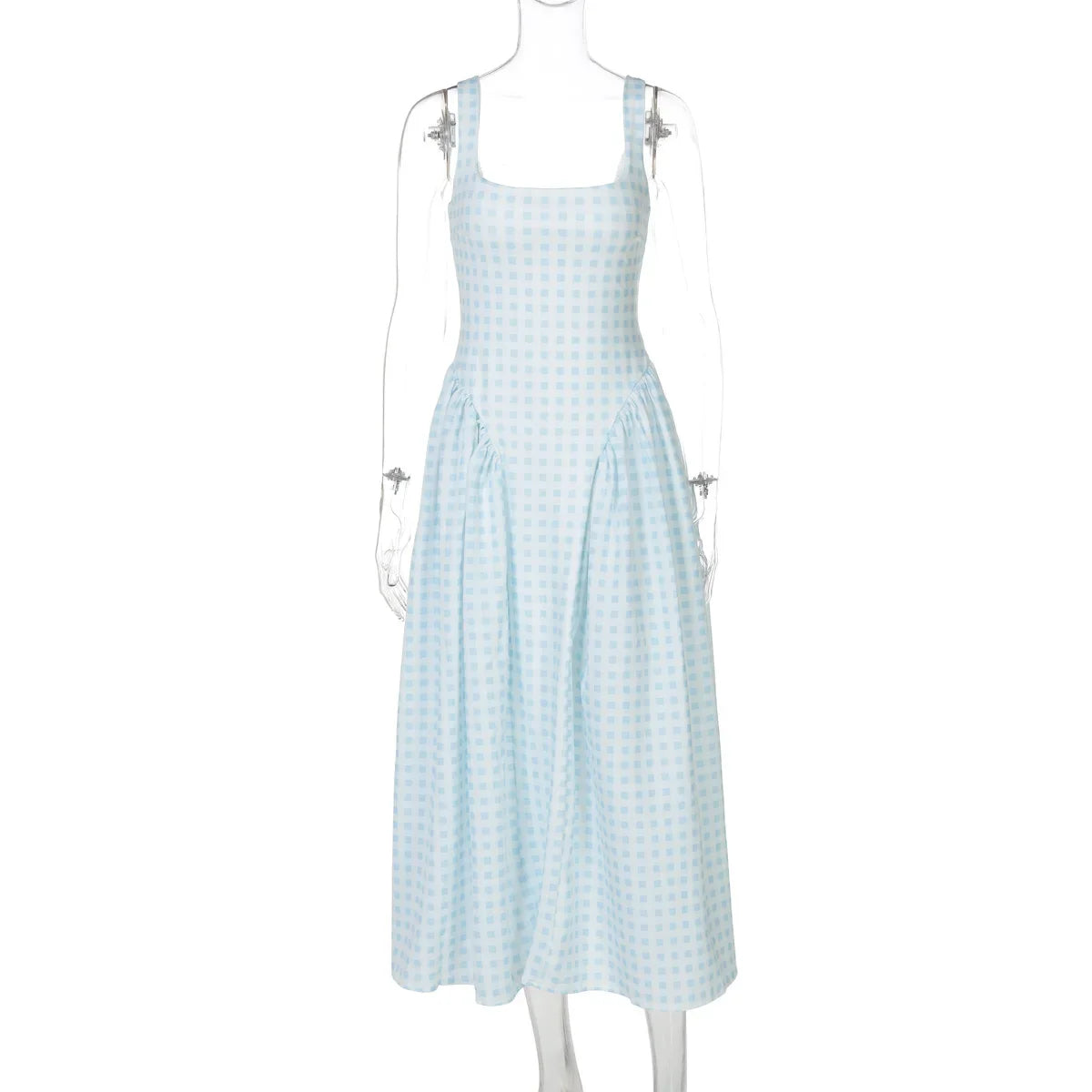 Lady Solid Sleeveless Sling Dress Backless Slim Pleated Hem Square Neck Plaid A-line Dresses Women Vacation Summer Midi Robes