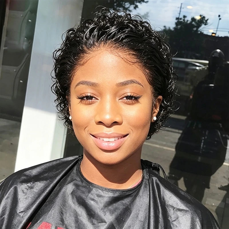 Pixie Cut Human Hair Wig Short Pixie Cut Curly Wave Human Hair Wigs 13x1 Transparent Lace Curly Wave Wig For Women