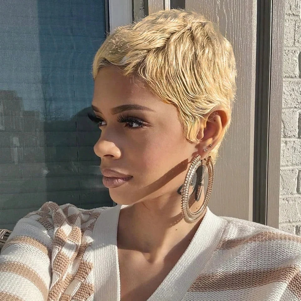 Straight Pixie Cut Wig With Bangs Human Hair Wig 27 Color Blonde Short Style Full Machine Made Wig