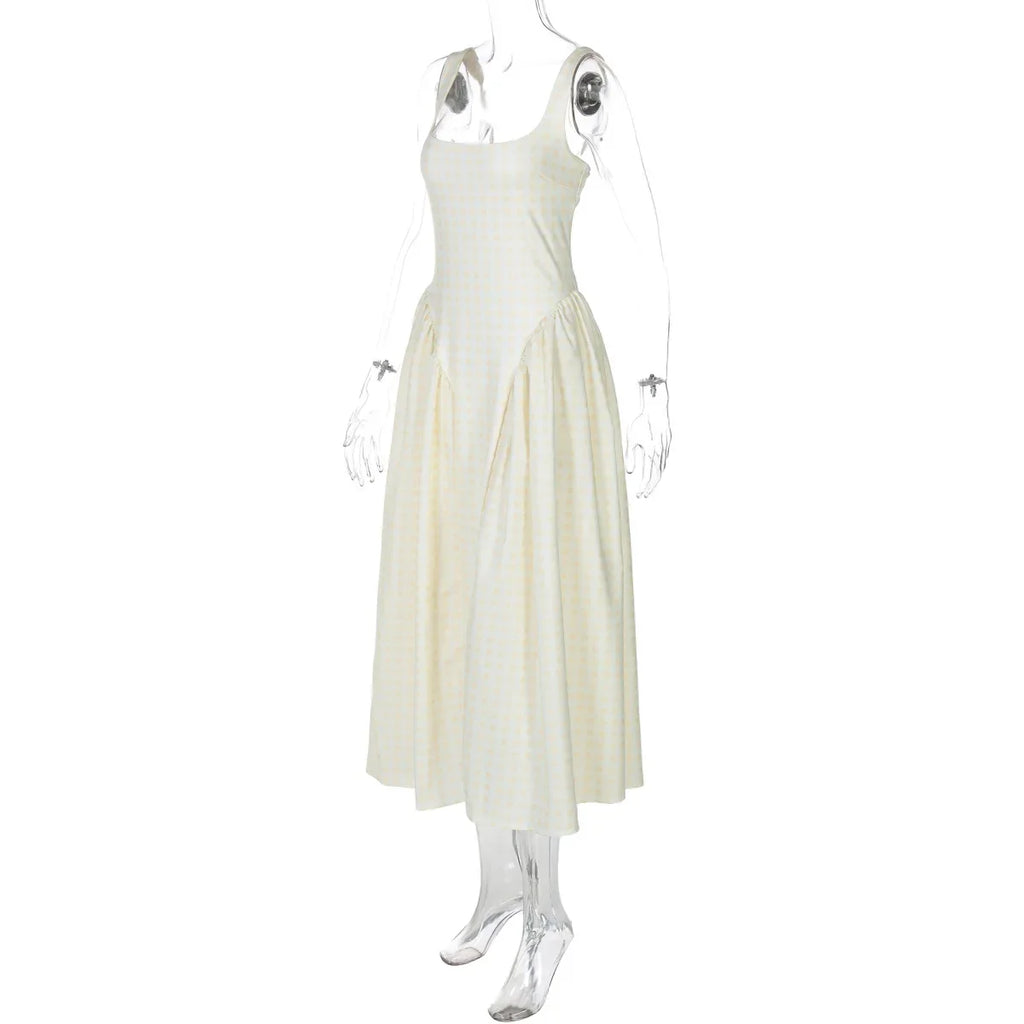 Lady Solid Sleeveless Sling Dress Backless Slim Pleated Hem Square Neck Plaid A-line Dresses Women Vacation Summer Midi Robes