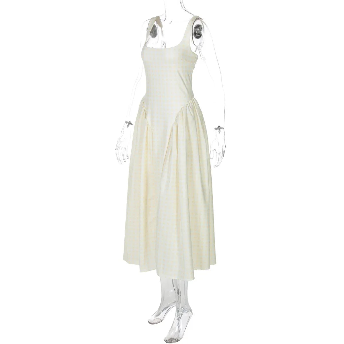 Lady Solid Sleeveless Sling Dress Backless Slim Pleated Hem Square Neck Plaid A-line Dresses Women Vacation Summer Midi Robes