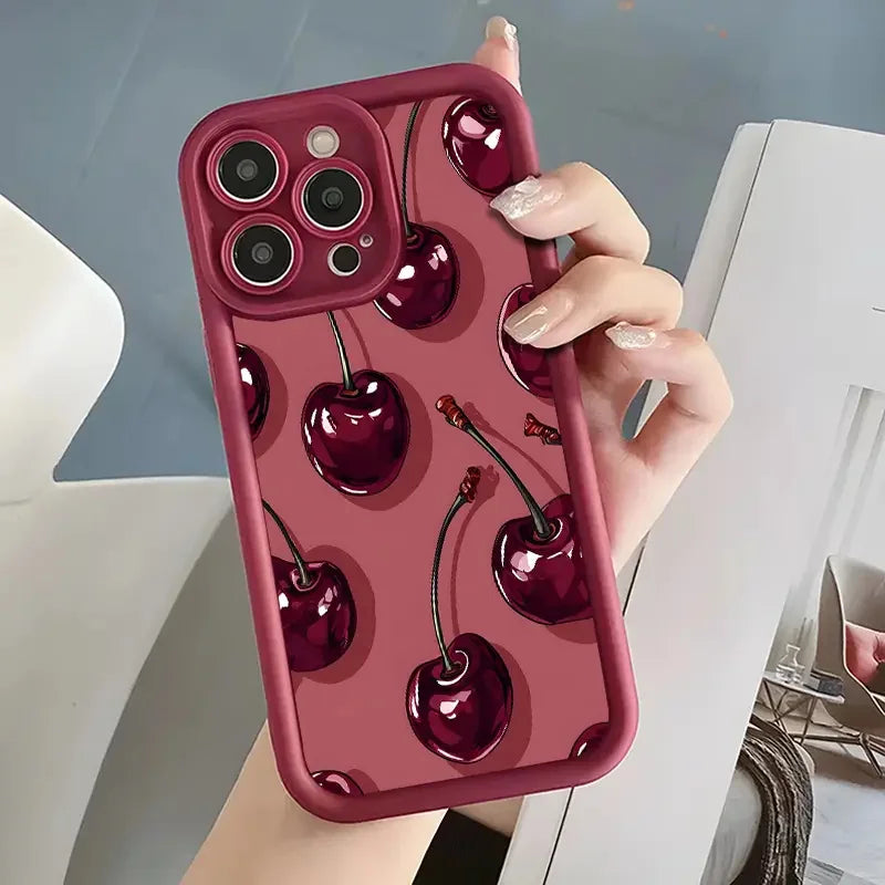 Luxury Wine Red Cherry Print Case for IPhone 16 15 17 Air 14 13 12 11 Pro Max 16 Plus Shockproof Silicone Phone Cover