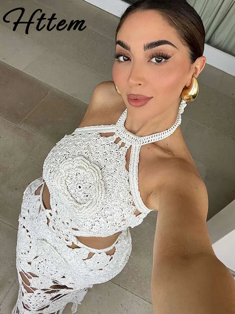 Knitted Crochet Hook Flower Halter Dress Women Slim Lace Up Off Shoulder Backless Party Dresses Female Summer Lady Beach Robes
