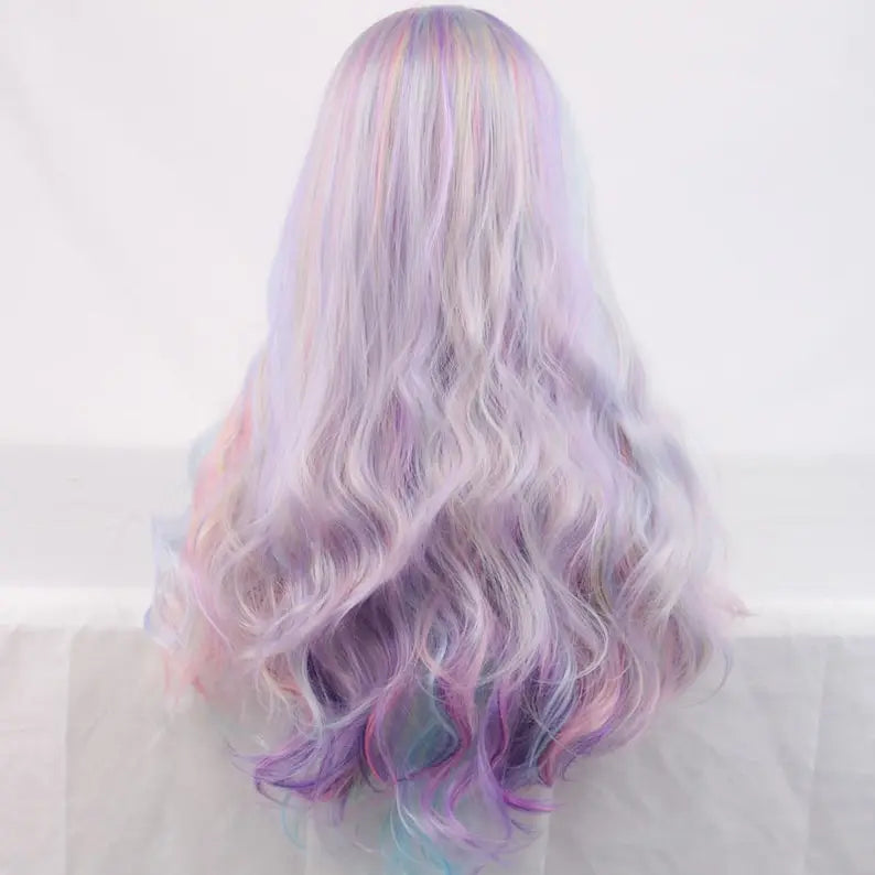 Vibrant Curly Wig with Long Hair in Pastel Rainbow Hues Synthetic Fiber High-Temperature Resistant Silk Center Parted Style