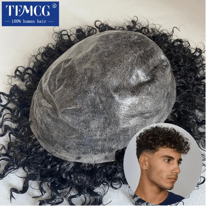 15MM Curly Male Hair Prosthesis Toupee Men Wig Indian Human Hair Comfortable Skin Base Wigs For Men System Replacement Man Wig