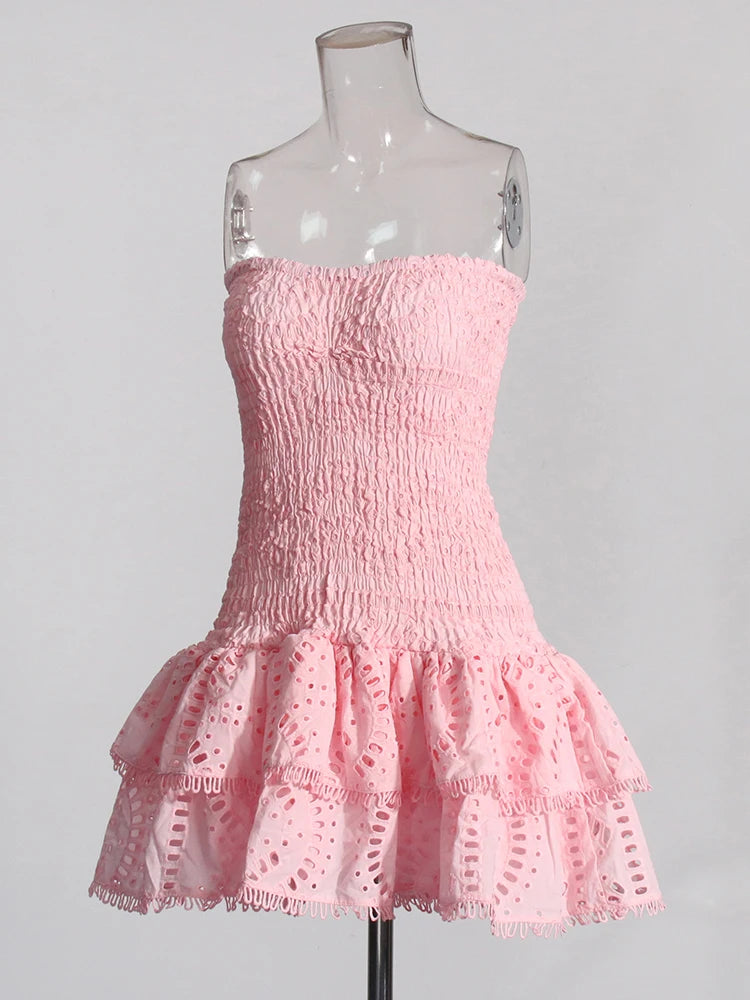 TWOTWINSTYLE Designer Mini A Line Dresses Strapless Sleeveless High Waist Spliced Ruffles Hem Elegant Slimming Dress Female New