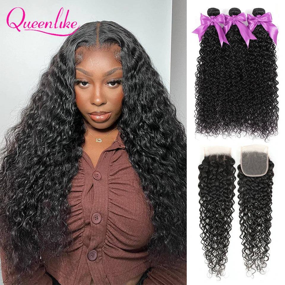 Water Wave Human Hair Bundles with Closure Brazilian Raw Hair Bundles with 5x5/6x6 Closure 34 36 38 40 inch Bundles Human Hair