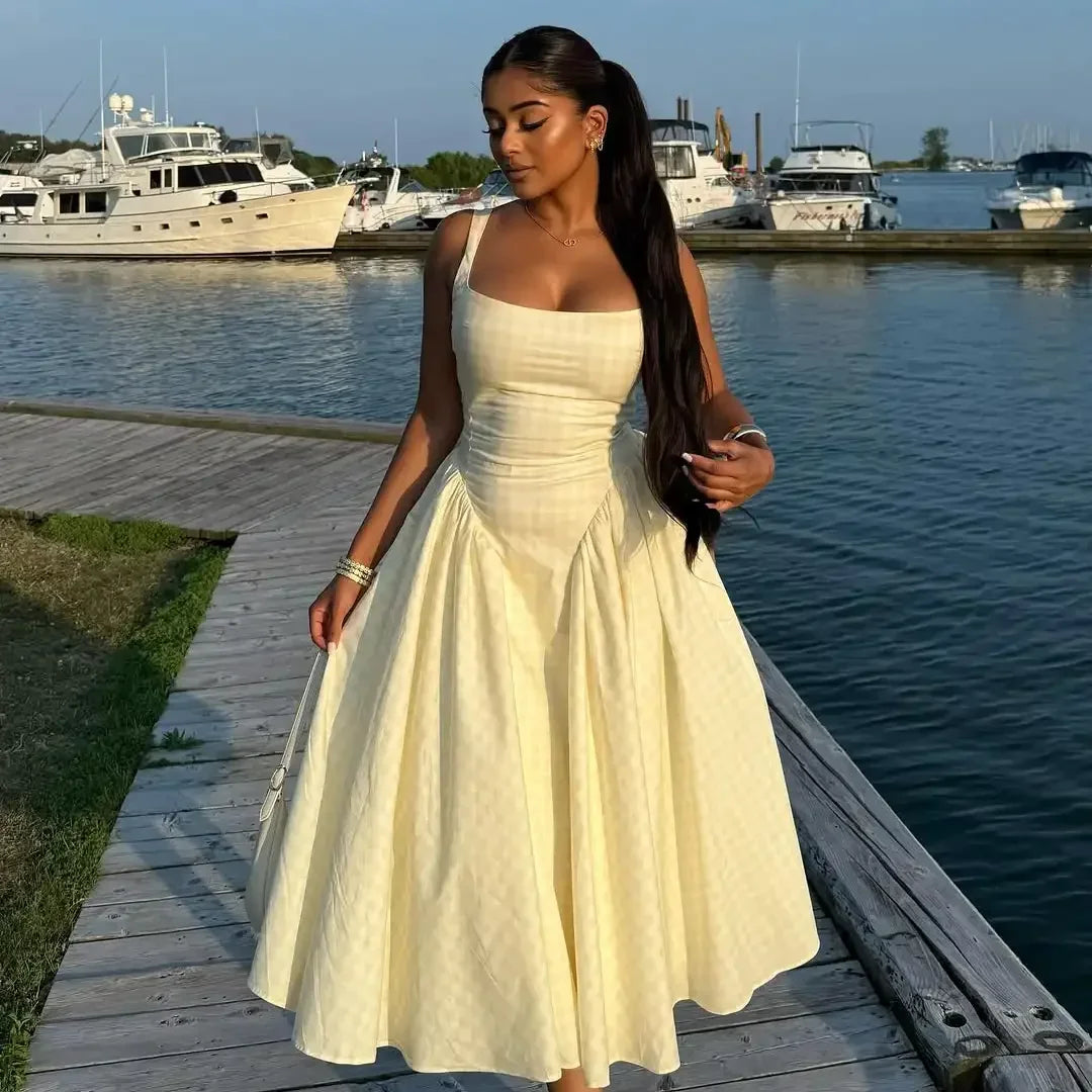 Lady Solid Sleeveless Sling Dress Backless Slim Pleated Hem Square Neck Plaid A-line Dresses Women Vacation Summer Midi Robes