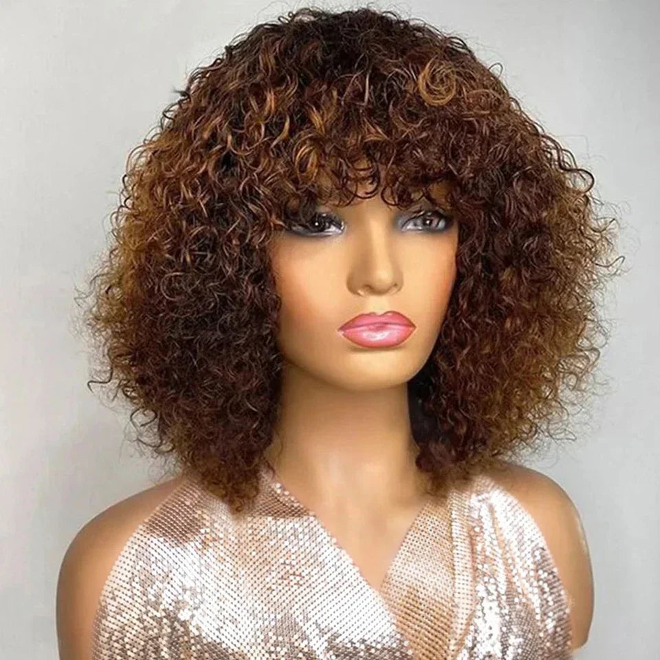 Indian Curly Human Hair Wigs Full Machine Made for Women Short Bob With Bangs Affordable Natural Black Hairline Styling Ready
