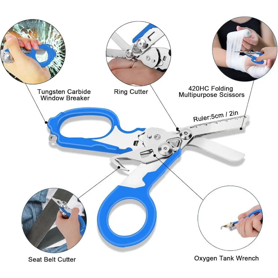6 In1 Multifunction Emergency Response Shears Stainless Steel Foldable Trauma Shears with Strap Cutter and Glass Breaker for Fi