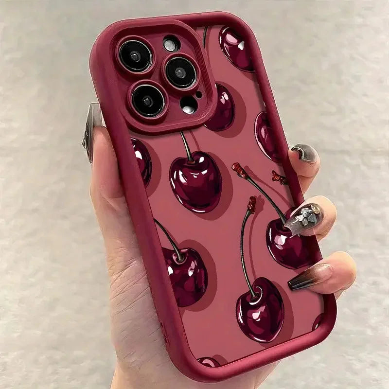 Luxury Wine Red Cherry Print Case for IPhone 16 15 17 Air 14 13 12 11 Pro Max 16 Plus Shockproof Silicone Phone Cover
