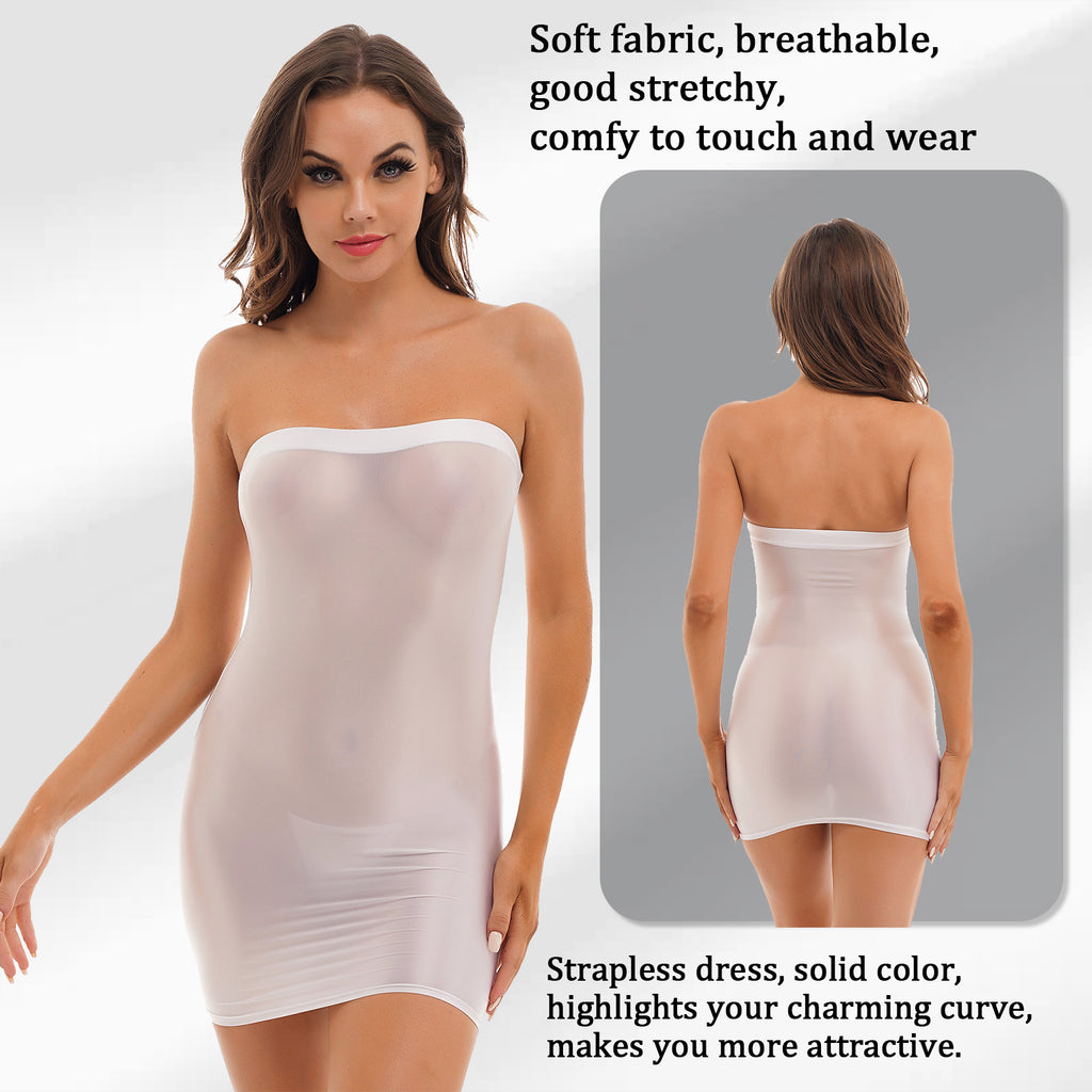 Women Glossy Bodycon Dress Long Sleeve Oil Shiny Smooth Mini Pencil Dress Stretchy Mock Neck Tight  Party Dresses Dance Clubwear