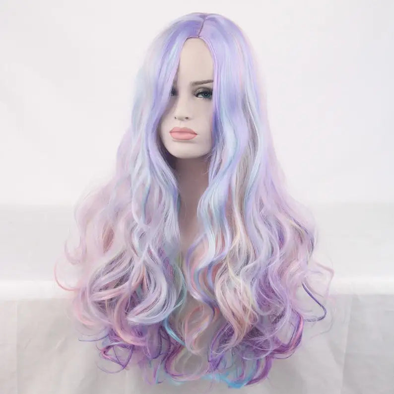 Vibrant Curly Wig with Long Hair in Pastel Rainbow Hues Synthetic Fiber High-Temperature Resistant Silk Center Parted Style