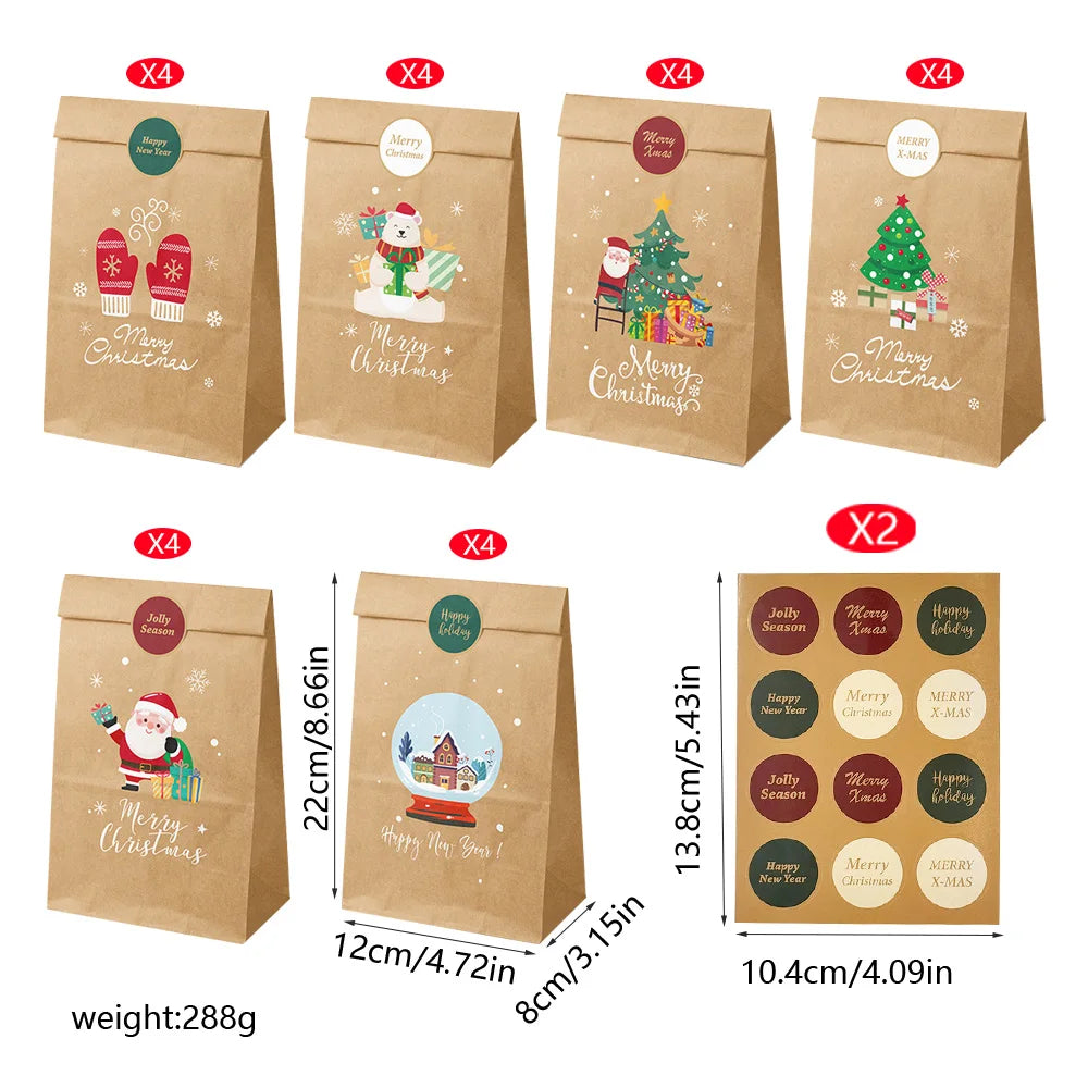 12/24pcs Retro Christmas Kraft Paper Bags Xmas Party Favor Bag Gift Pouch Holiday Present Wrapping Supplies Christmas Gift