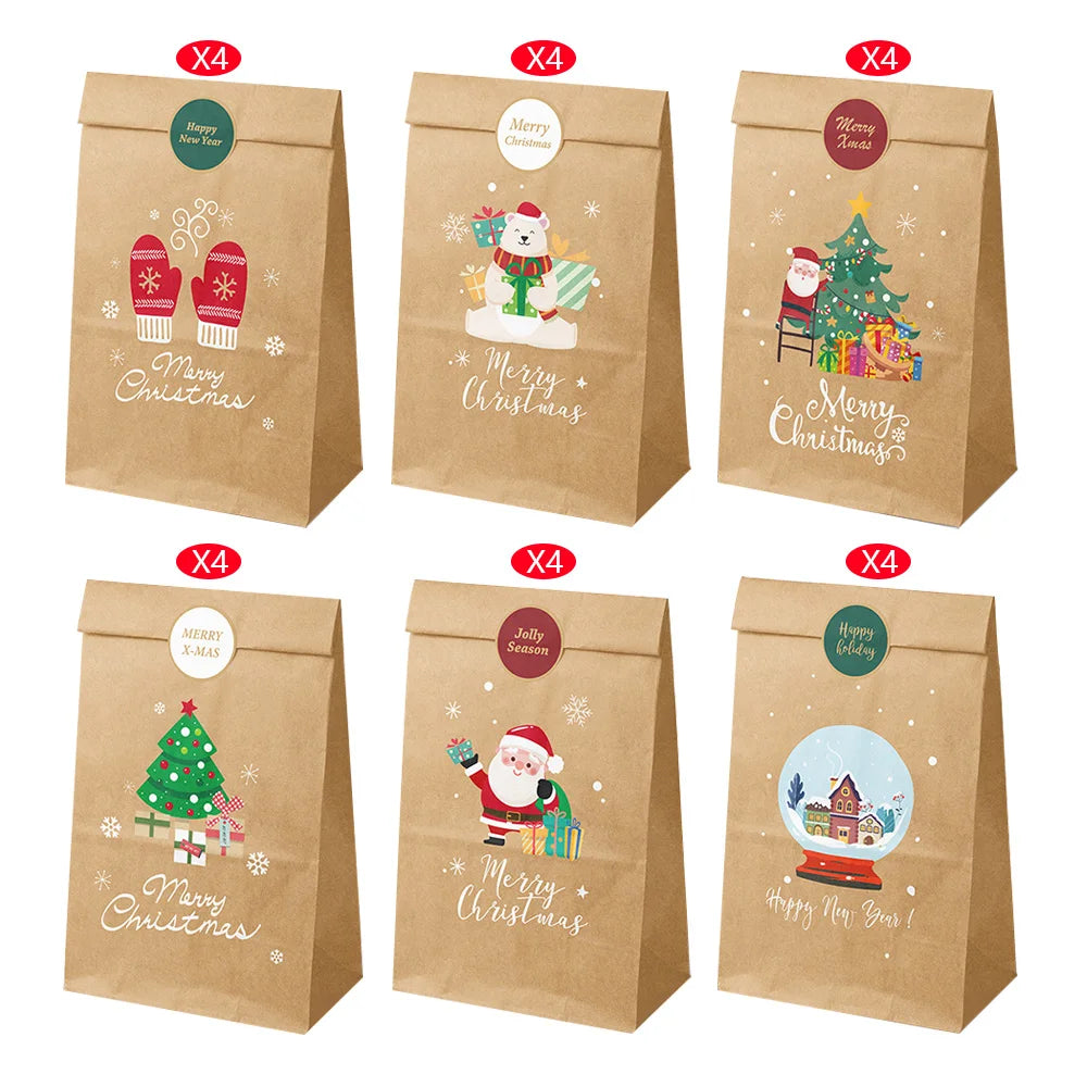 12/24pcs Retro Christmas Kraft Paper Bags Xmas Party Favor Bag Gift Pouch Holiday Present Wrapping Supplies Christmas Gift