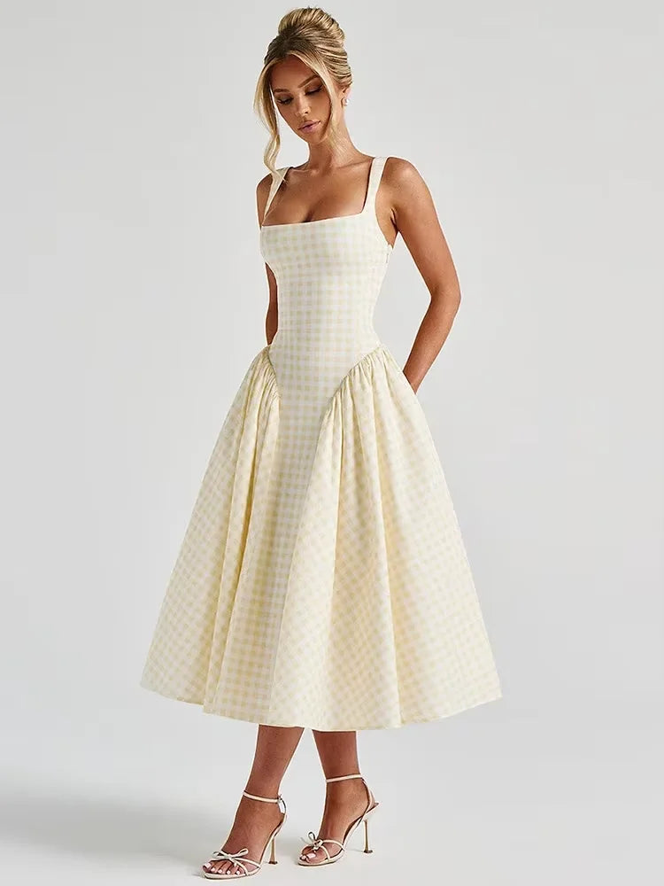 Lady Solid Sleeveless Sling Dress Backless Slim Pleated Hem Square Neck Plaid A-line Dresses Women Vacation Summer Midi Robes