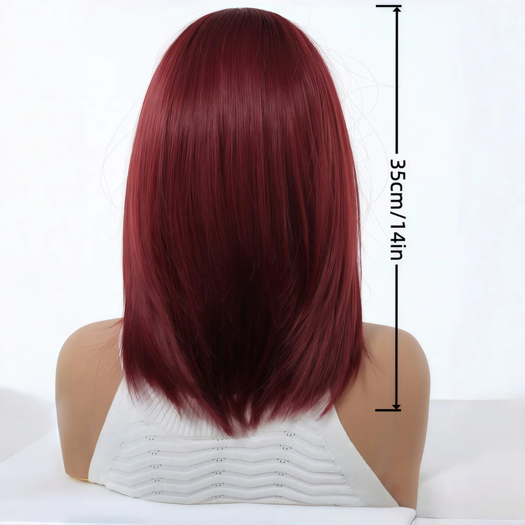 Stylish wine-red layered wig with bangs, suitable for women. Soft and easy to manage, this wine-red synthetic wig