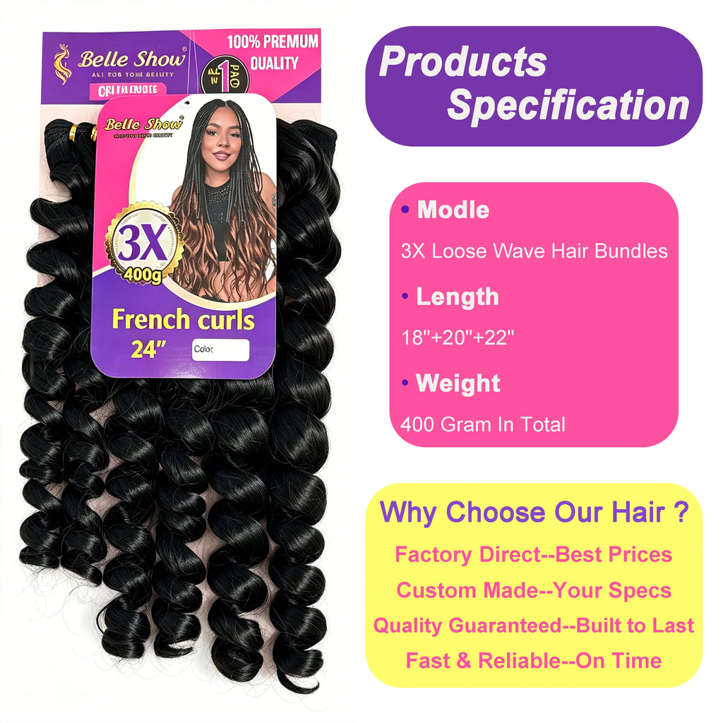 French Curls Braiding Hair 3 Bundles Loose Wave Spiral Curl Synthetic Hair Extensions 18"+20"+22" 400g For Black Women