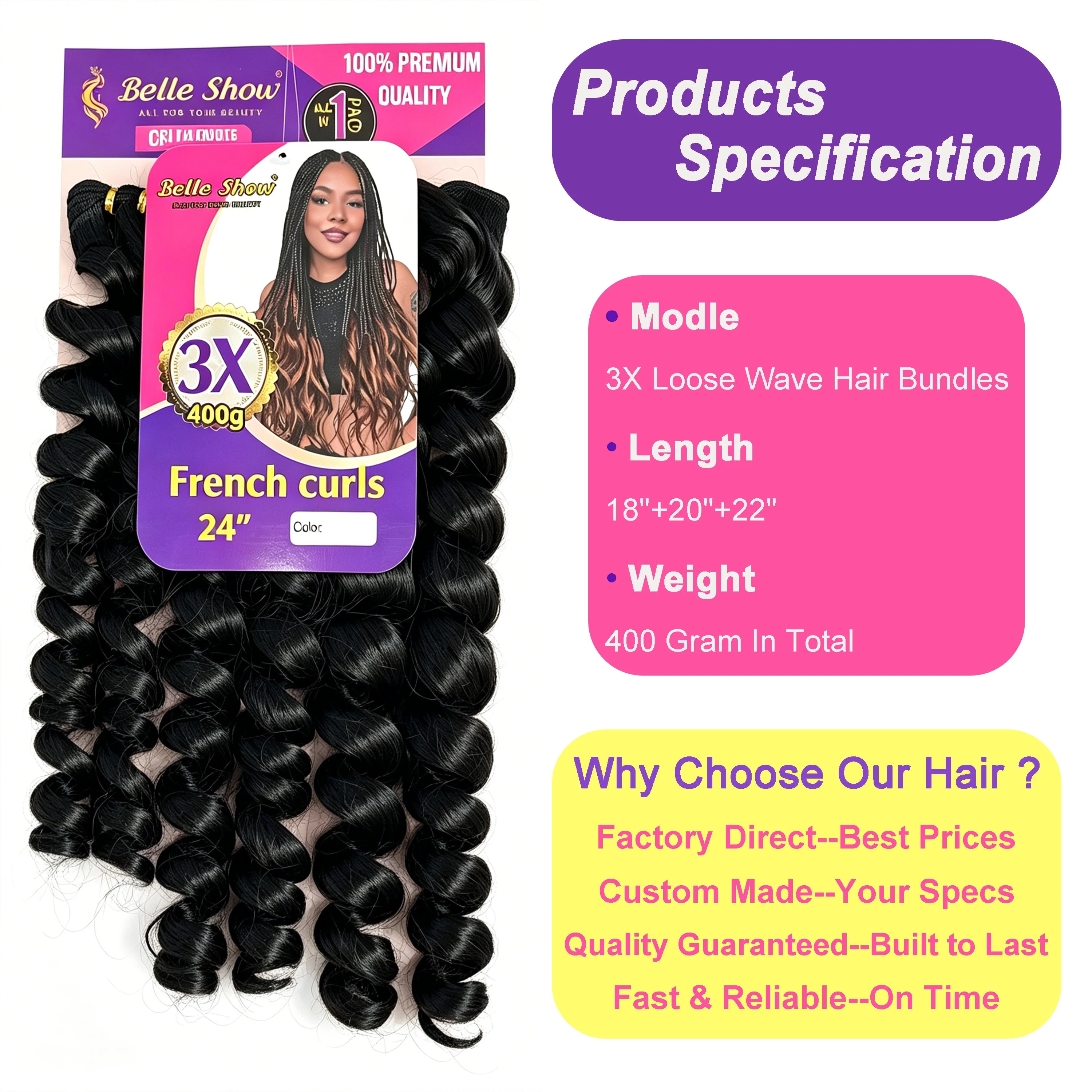 French Curls Braiding Hair 3 Bundles Loose Wave Spiral Curl Synthetic Hair Extensions 18"+20"+22" 400g For Black Women