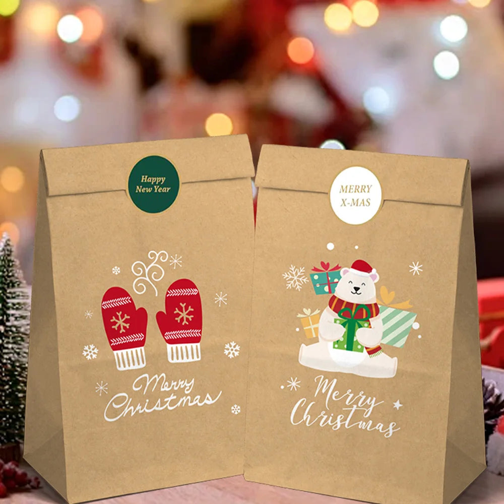 12/24pcs Retro Christmas Kraft Paper Bags Xmas Party Favor Bag Gift Pouch Holiday Present Wrapping Supplies Christmas Gift