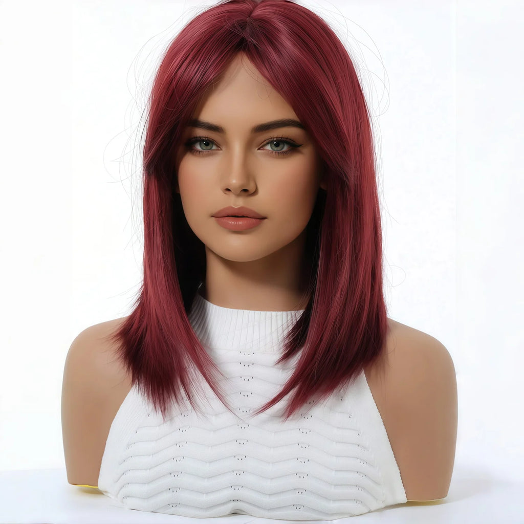 Stylish wine-red layered wig with bangs, suitable for women. Soft and easy to manage, this wine-red synthetic wig