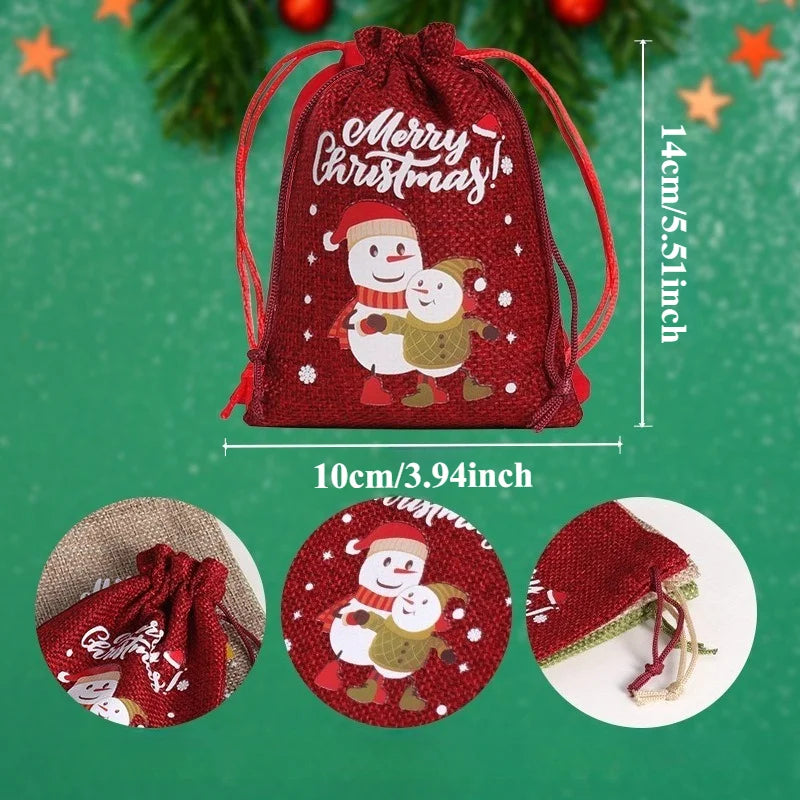 6PCS Christmas Character Drawstring Bags Santa/Reindeer/Snowman/Penguin/Rabbit Print Festive Gift Pouches for Party Favors