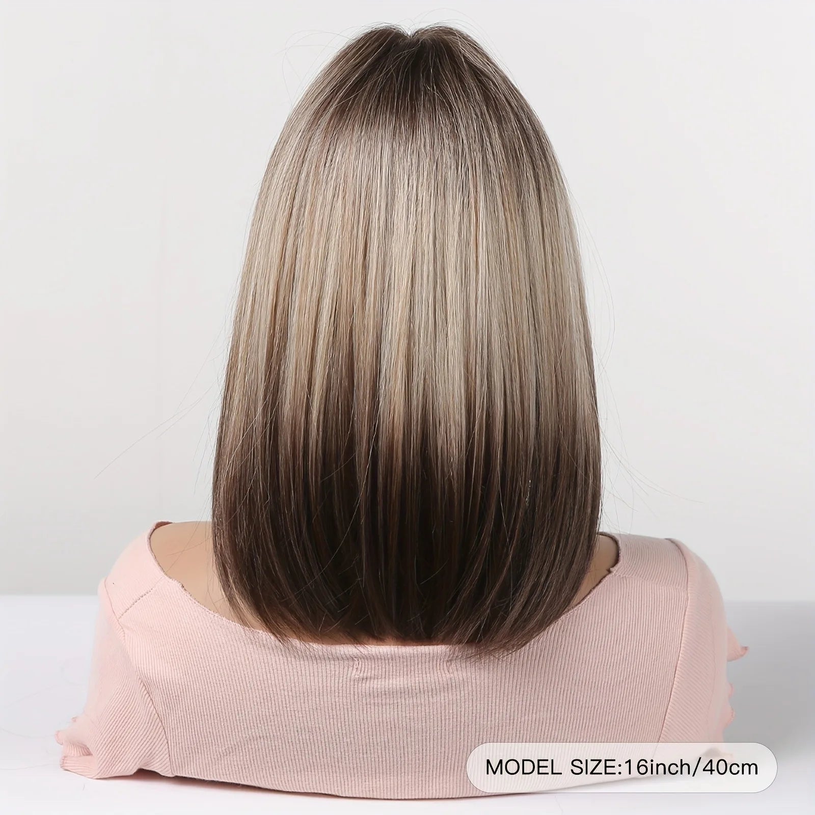 Elegant straight hair wig, 40.64 cm, champagne gold gradient synthetic wig, brownish-black hair roots, high-temperature fiber, l