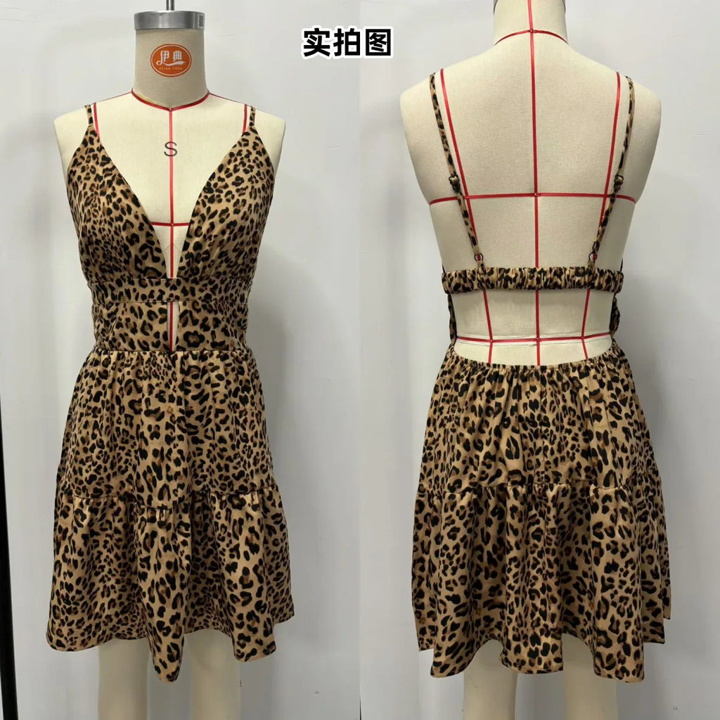 4-Color Leopard Printed Sexy Camisole Dress Women Sleeveless Backless Mini Dress Summer Vacation Dresses