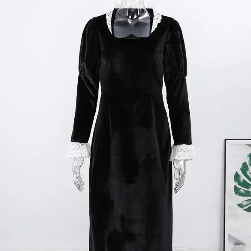 Sexy Lace Patchwork Velvet Long Dress Women Square Collar Full Sleeves Waist Slim Cinching Dresses 2026 Lady Party Vestidos New