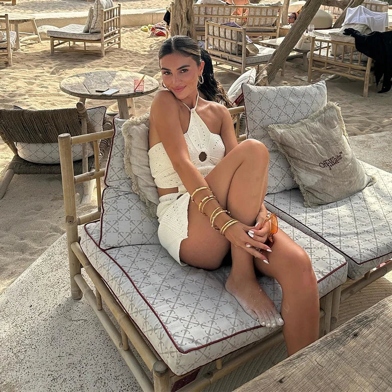 Knitted Crochet Hook Flower Halter Dress Women Slim Lace Up Off Shoulder Backless Party Dresses Female Summer Lady Beach Robes