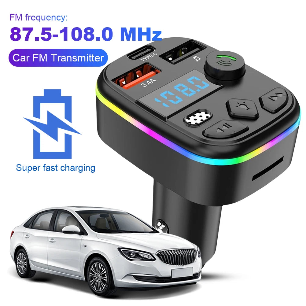 Hands Free Wireless Car Kit Car MP3 Player Bluetooth-Compatible 5.3 Support TF Card U Disk Cell Phone Charger Car FM Transmitter